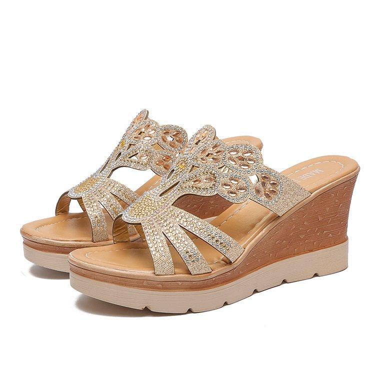 Summer new rhinestone high-heeled wedge-heeled cool slippers women's muffin thick-soled slippers wedge-heeled large-size cool slippers
