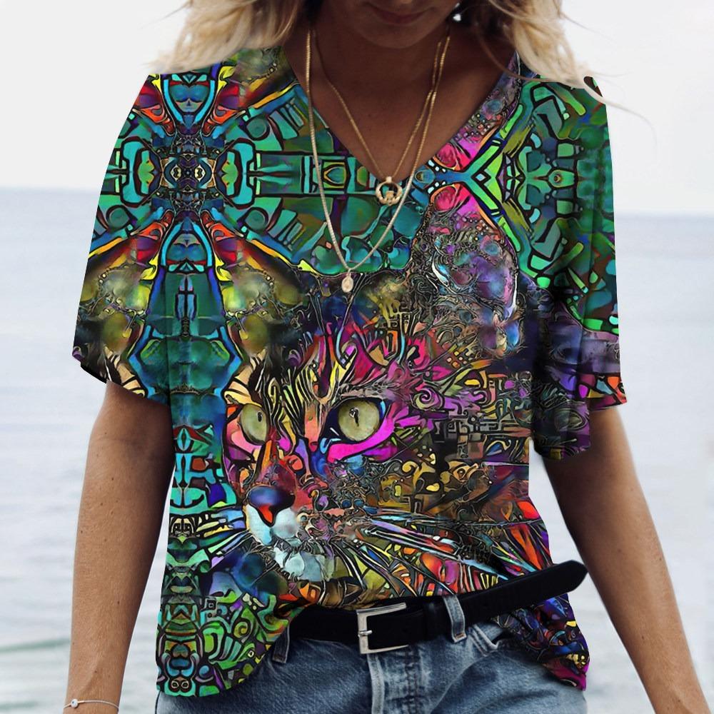 V Neck Tshirt Streetwear Y2k Clothes Women Summer Casual Oversize Dazzle Color Cats Print Shirt Short Sleeve Top Vintage Female