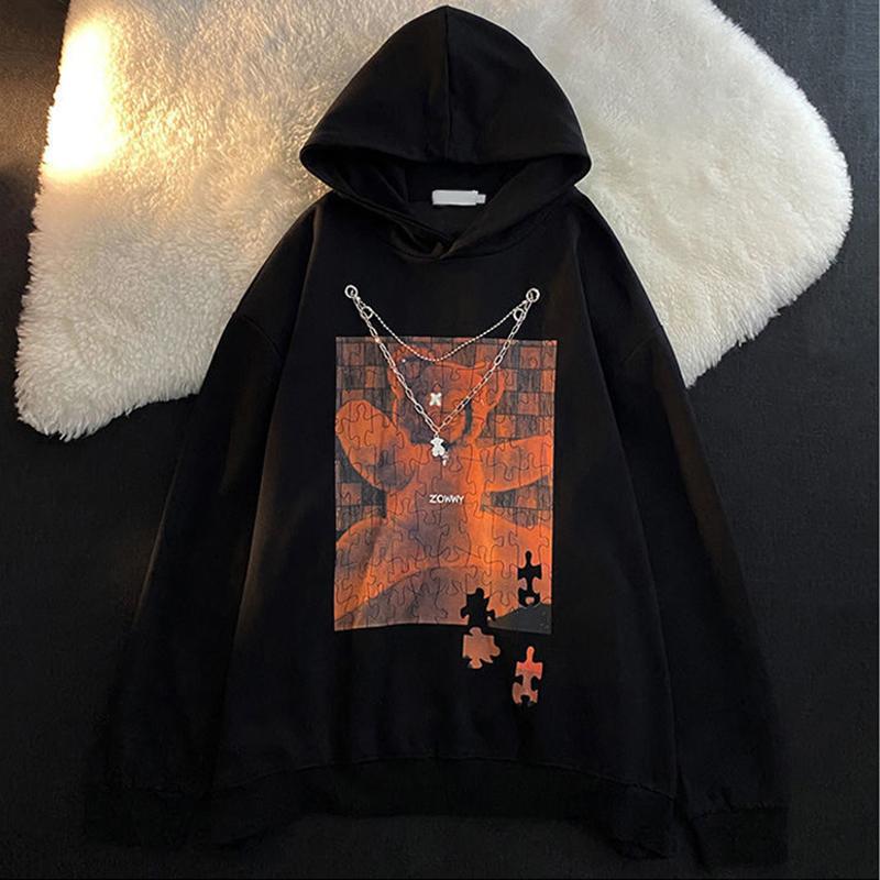 

Уличная одежда Толстовки в стиле хип-хоп Женские модные пуловеры с принтом цепочки Большие размеры Свободные повседневные топы с капюшоном Негабаритные уличные толстовки Harajuku S чёрный