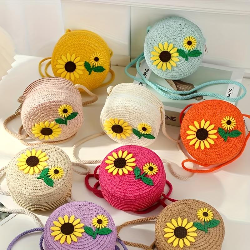 2-in-1 Floral Straw-Style Tote Bag with Zipper Closure Cute Cartoon Sunflower Design for Beach, Vacation, Daily Commute & Casual Outings