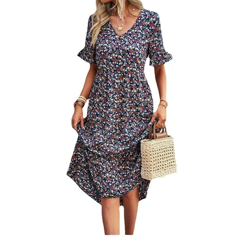 Women Floral Print V Neck Short Sleeve Dress Casual Boho Style Side Tie High Low Hem Sundress