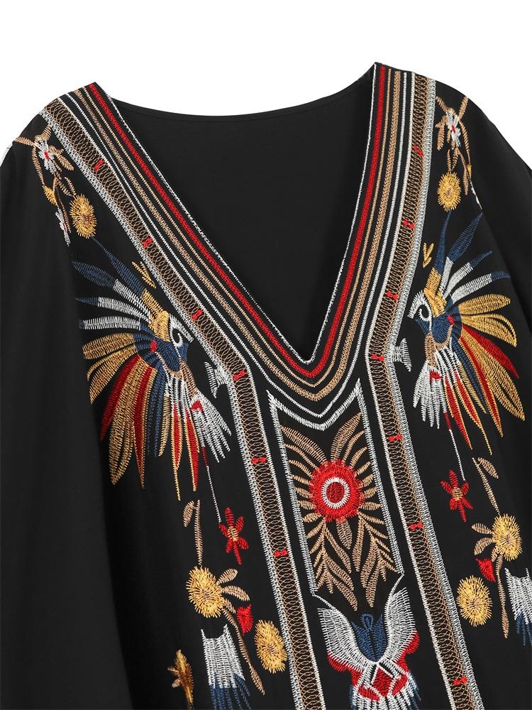 EDOLYNSA Schickes, lockeres Robenkleid im ethnischen Stil mit Stickereien 2024 für Damen, schwarzer V-Ausschnitt, Fledermausärmel, Kaftan, Urlaub, Strand, Bademode, Cover Up Q1688