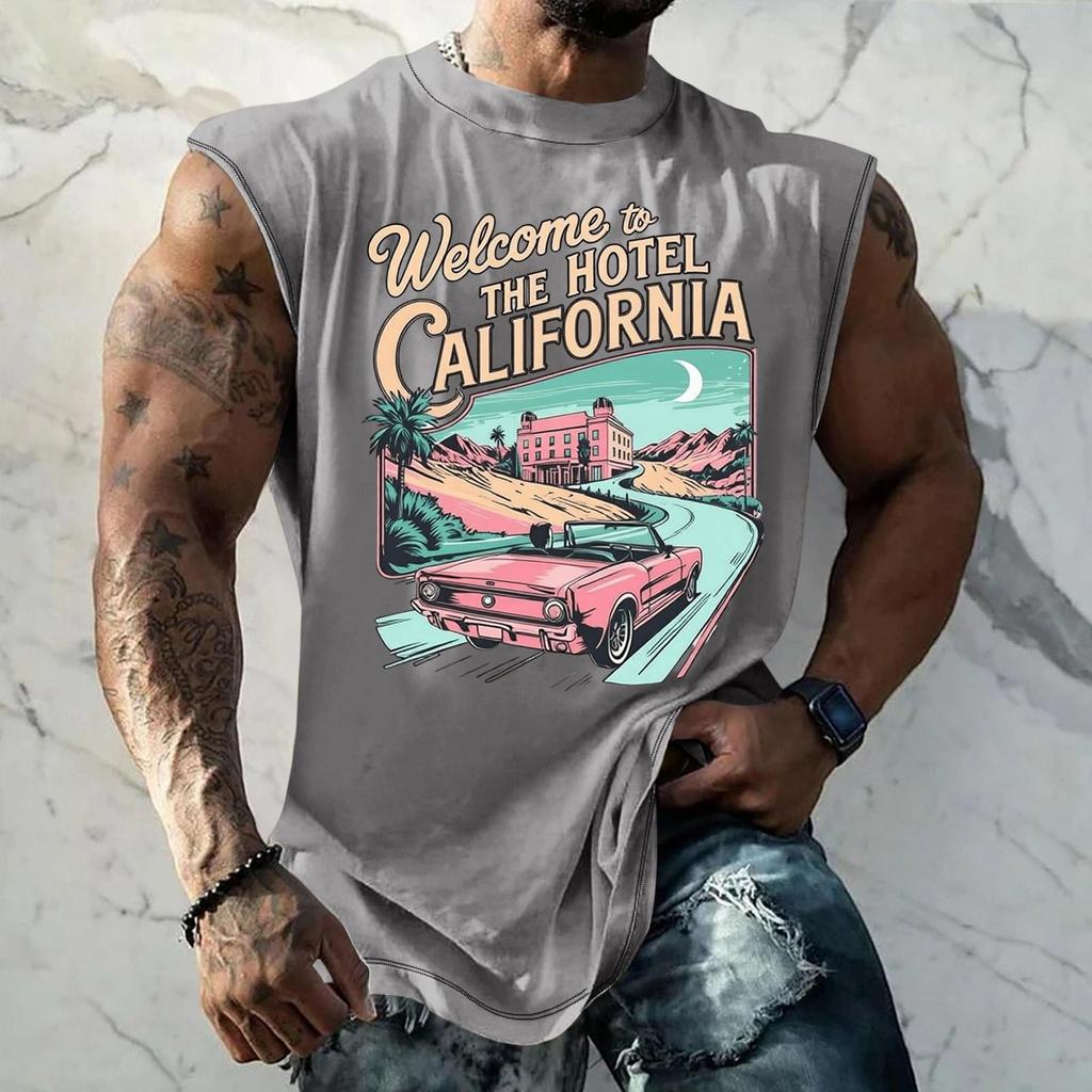 Men Sleeveless Tank Top Loose Fit Breathable Muscle Shirt Vintage Graphic Print Casual Streetwear Summer Sportswear
