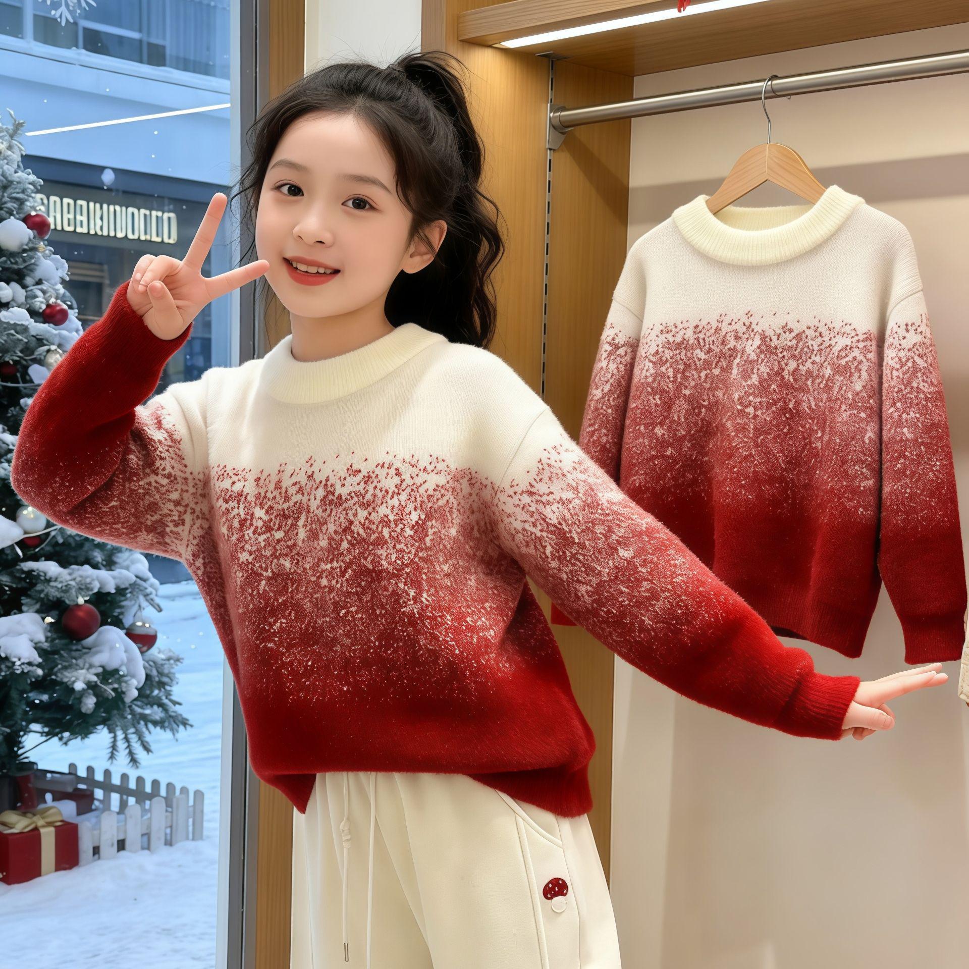2025 Kids  Gradient Sweater: New Thick Knit, Round Neck, for Boys & Girls in Autumn/Winter 120 cm красный