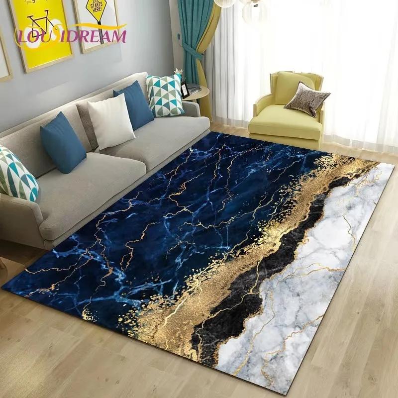 Colour Blue Gold White Marble Area Rug Large Carpet Rug for Living Room Bedroom Sofa Doormat Decoration Kids Non-slip Floor Mat