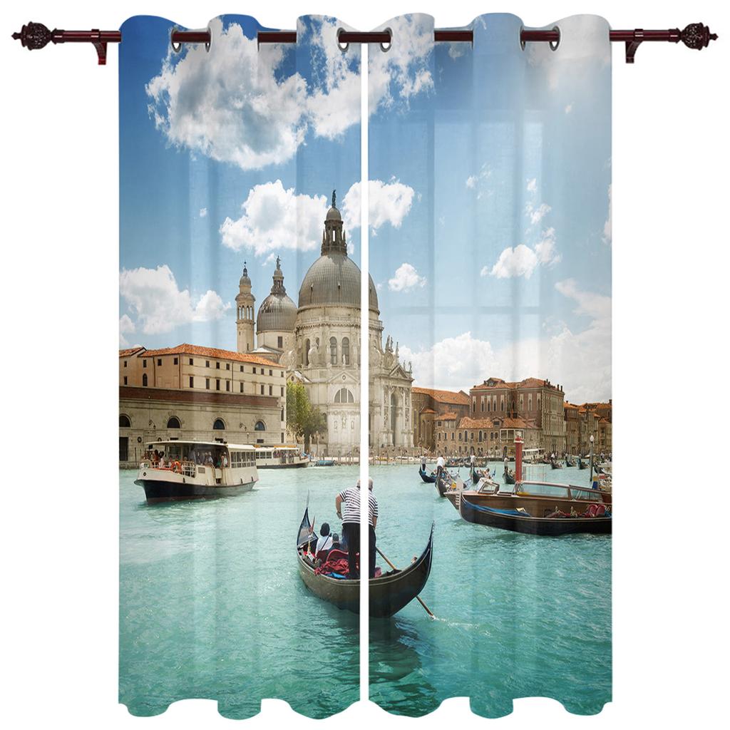 Sunset Sea Black Ship Window Curtain Modern European Style Curtains for Bedroom Living Room Backdrop Curtain