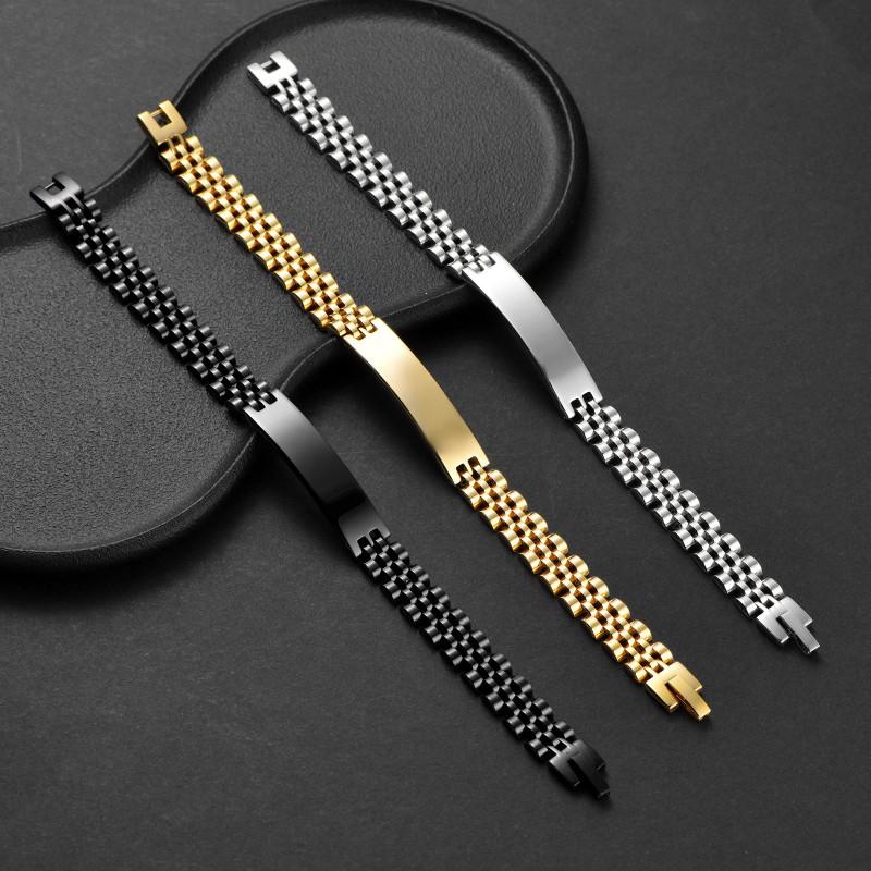 Stainless Steel Engraved Bracelet Men Adjustable 12mm Solid Geometric Curb Link Chain Jewelry