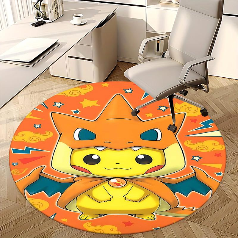 1pc Pikachu & Charmander Pokémon Anime Design Round Carpet - Office Chair Mat, Non-Slip Rug for Home Decor, Living Room, Bedroom, Game Room