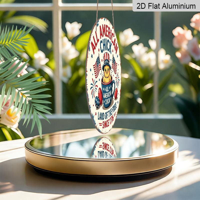 2D Flat, 1pc Round Aluminum "All American Chick" Patriotic Sign, Cute Cartoon Chick & American Flag Metal Wall Art, "Land of The Free Since 1776