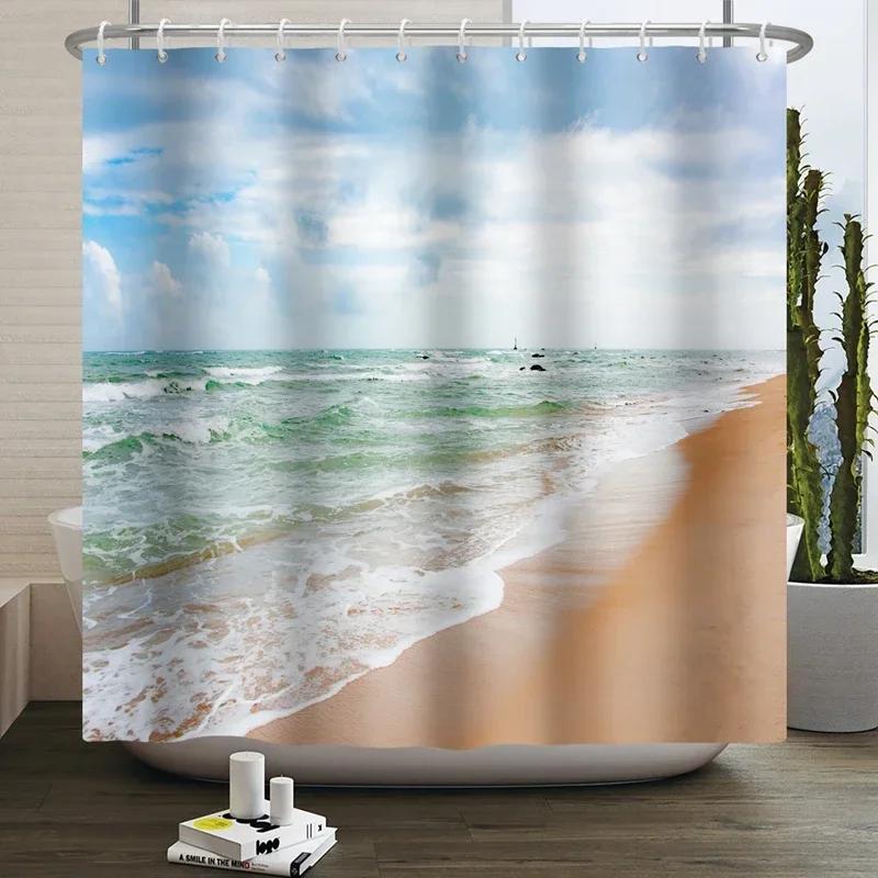 Summer Seaside Shower Curtains Ocean Beach View Coconut Trees Bath Curtain Polyester Fabric Bathroom Restroom Decor With Hooks