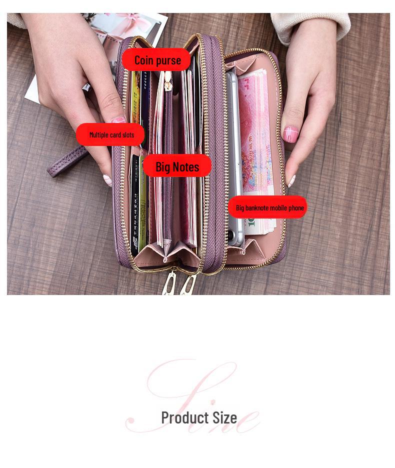 Carteira longa feminina com zíper duplo - estilo europeu e americano, grande capacidade, clutch de camada dupla
