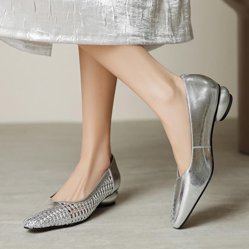 Mode NY Vår/Höst Dam Pumps Rund Tå Klumpig Klack Skor Spaltläderskor för Kvinnor Koncisa Väv Slip-on Handgjorda Skor