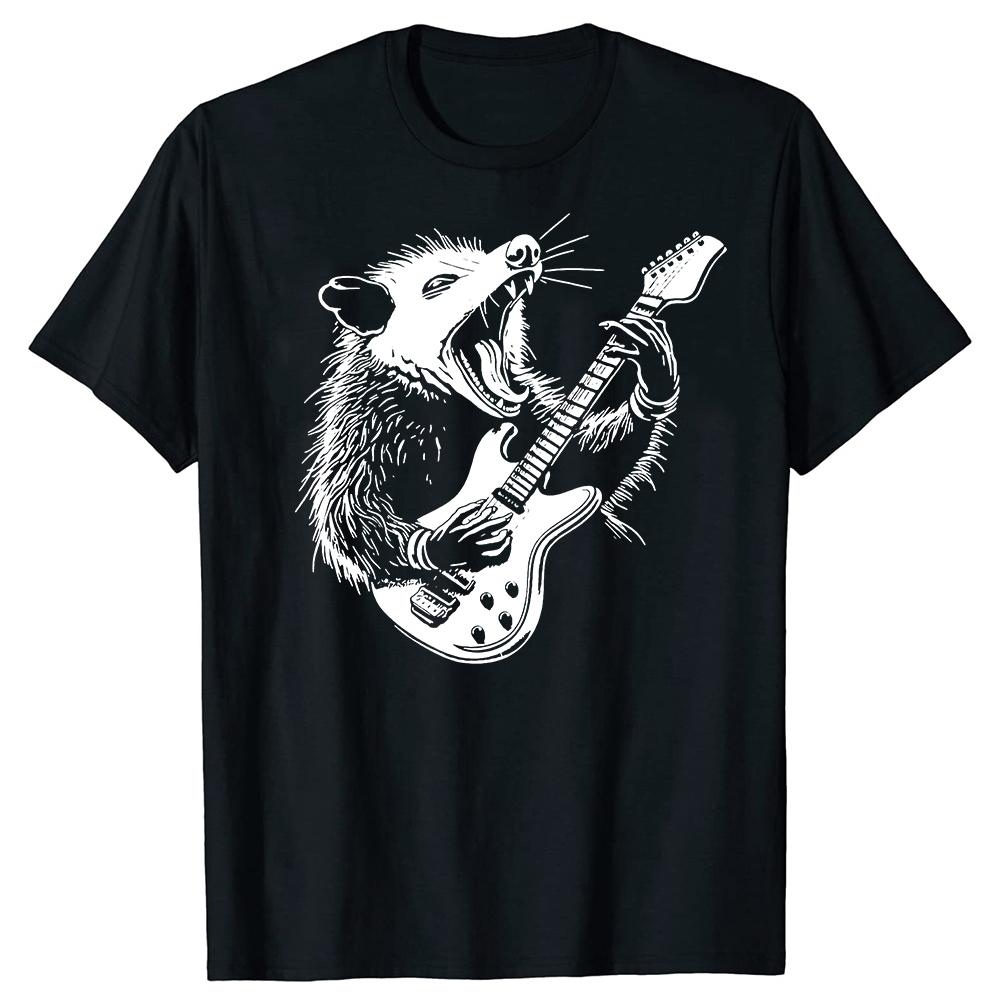 Possum Playing Electric Guitar Animal Music Musician T Shirts Summer Raccoon Rat Cotton Streetwear Birthday Gifts Tshirt Unisex
