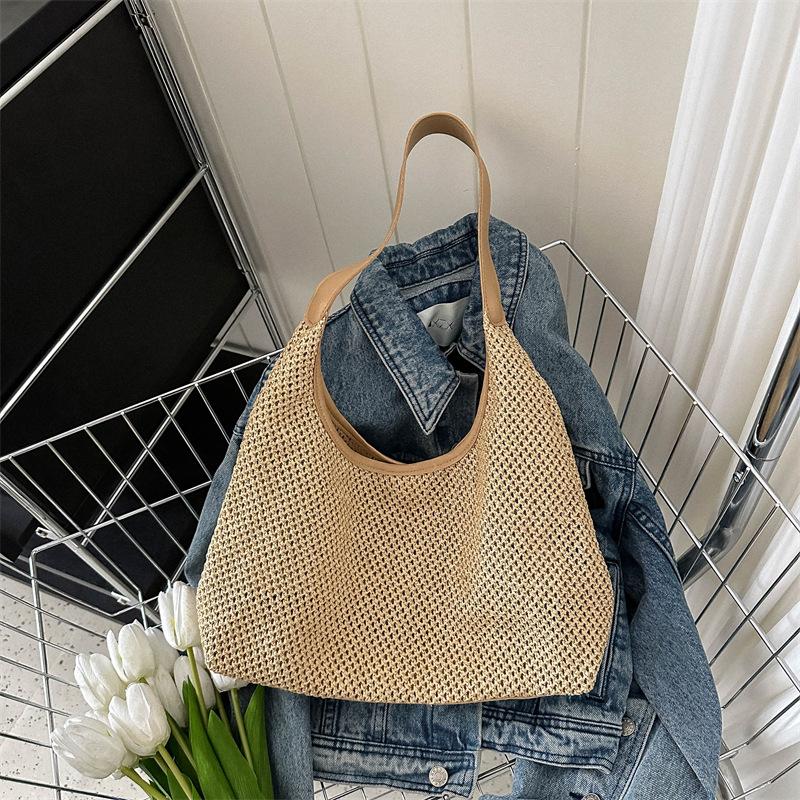 Women's Retro Woven Tote Bag Large Capacity Shoulder Underarm Bag Summer Beach Handbag