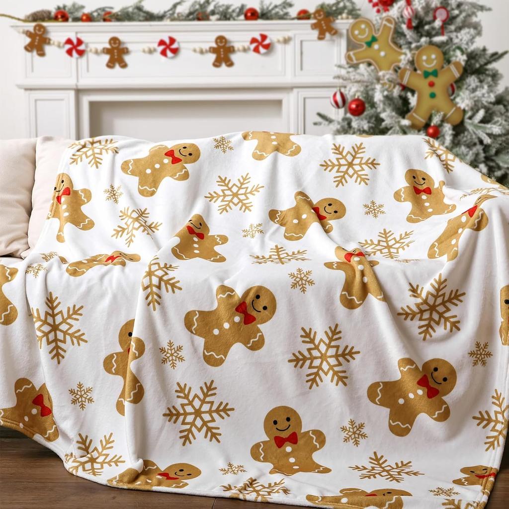 Christmas Gingerbread Throw Blanket: Ultra Soft White Flannel Plush Gingerbread Man Bed Blanket, Lightweight Cozy Christmas