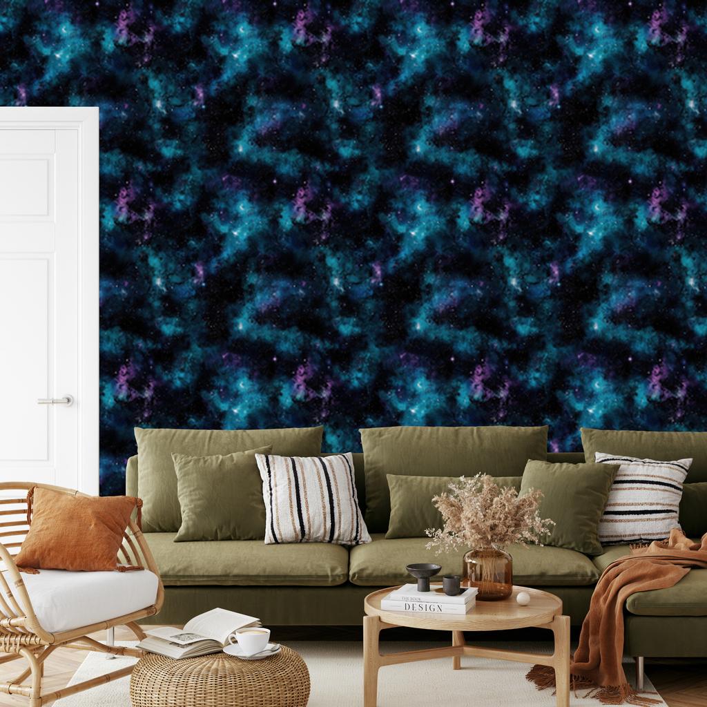 Watercolor Galaxy Wallpaper Navy Blue, Black and Turquoise 50x1000