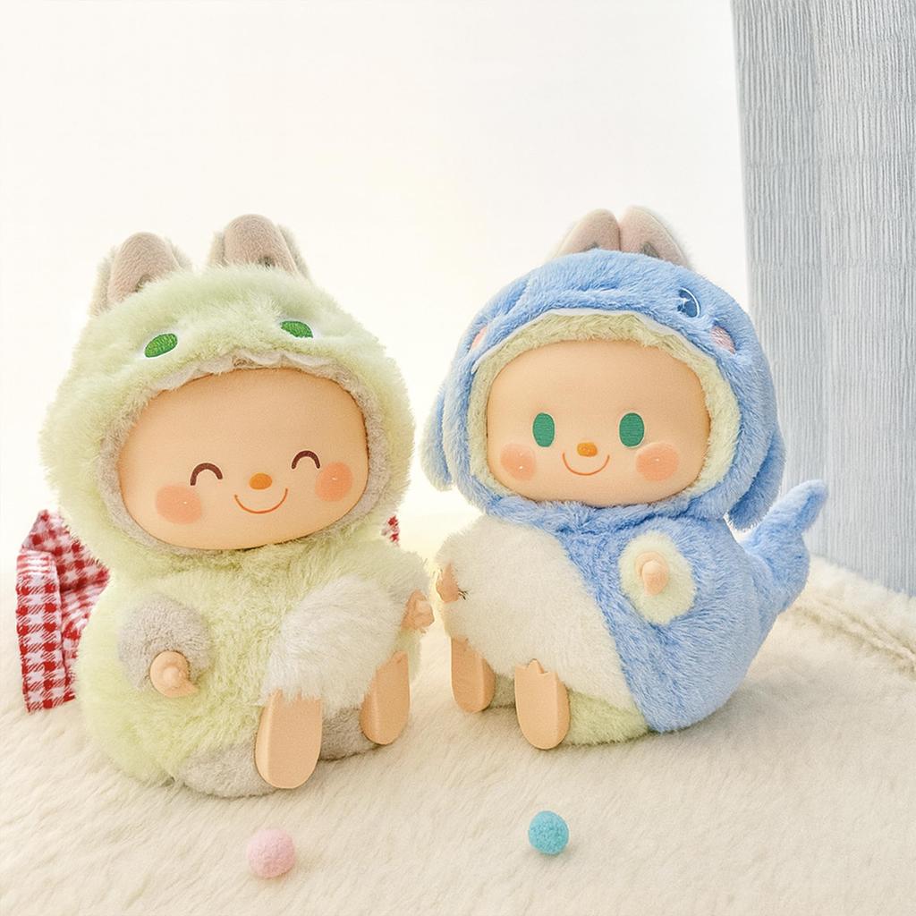 17cm Plush Green Dinosaur with Plump Shark Outfit, Suitable for First, Second, and Third Generations, Fluffy Costume for Plush Dolls