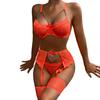 1 Set Sexy Bra Panties Girdle Set Hollow Out See-through Lace Chain Decor High Waist Chain Decor Fishnet Elastic