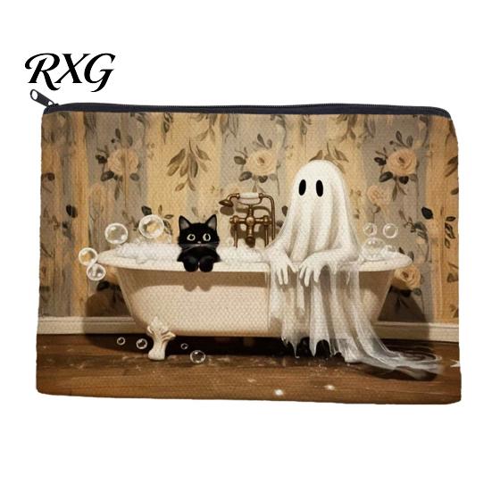 Cartoon Brush Holder Halloween Theme Cosmetic Bag, Durable Canvas Zipper Makeup Pouch, Digital Print Pouch Portable Storage for Stationery And