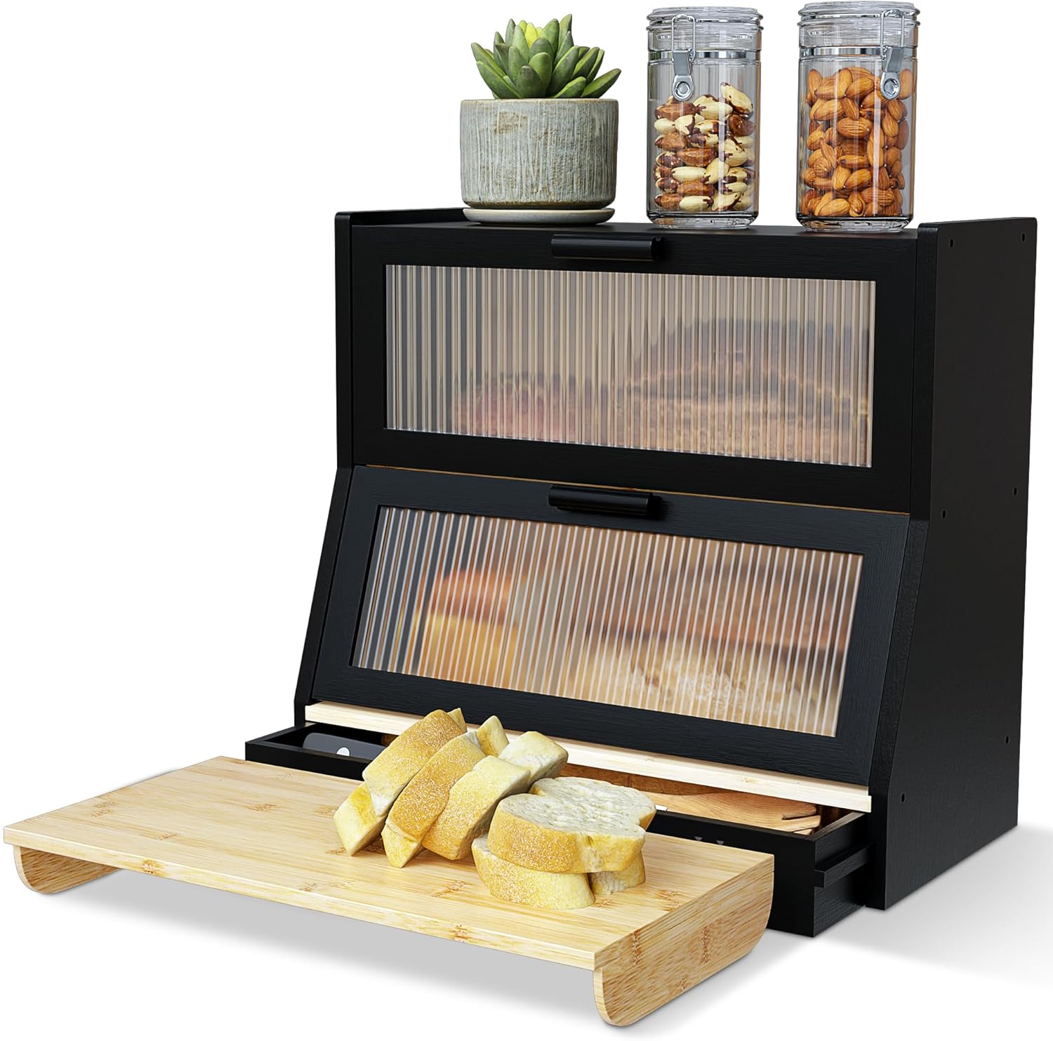 

Бамбуковая хлебница с местом для хранения ножа и вентиляцией - 2-ярусный кухонный органайзер для буханки, закусок, кружек, специй чёрный