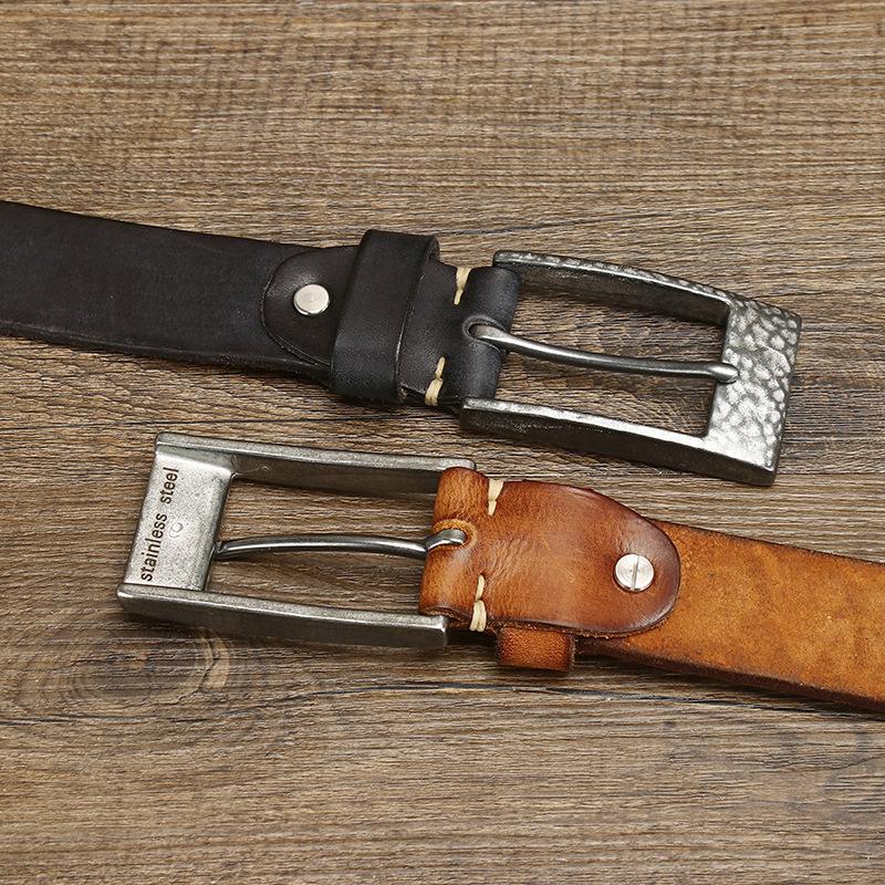 Belt Men's Thickened Hammered Stainless Steel Buckle Genuine Cattlehide Leather Surface Trendy All-Matching Jeans Belt