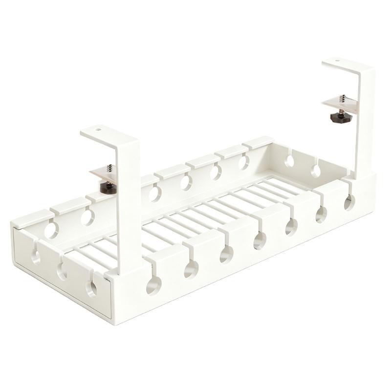 Under-Desk Cable Management Tray in Carbon Steel with Two Edge Clamps and Open Access, Extendable Power Strips Cord Holder for Stored Power