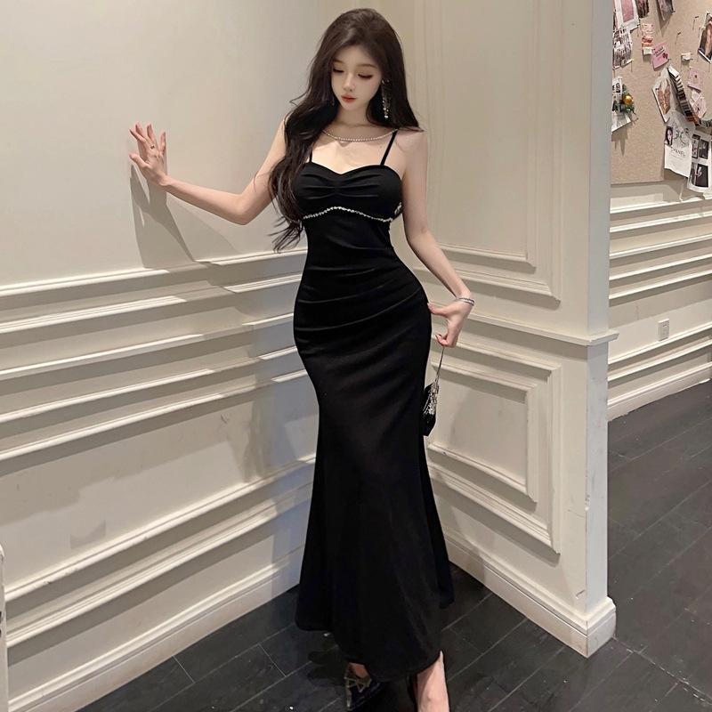 Women's pure desire sexy diamond-encrusted pleated slim-fitting fishtail dress