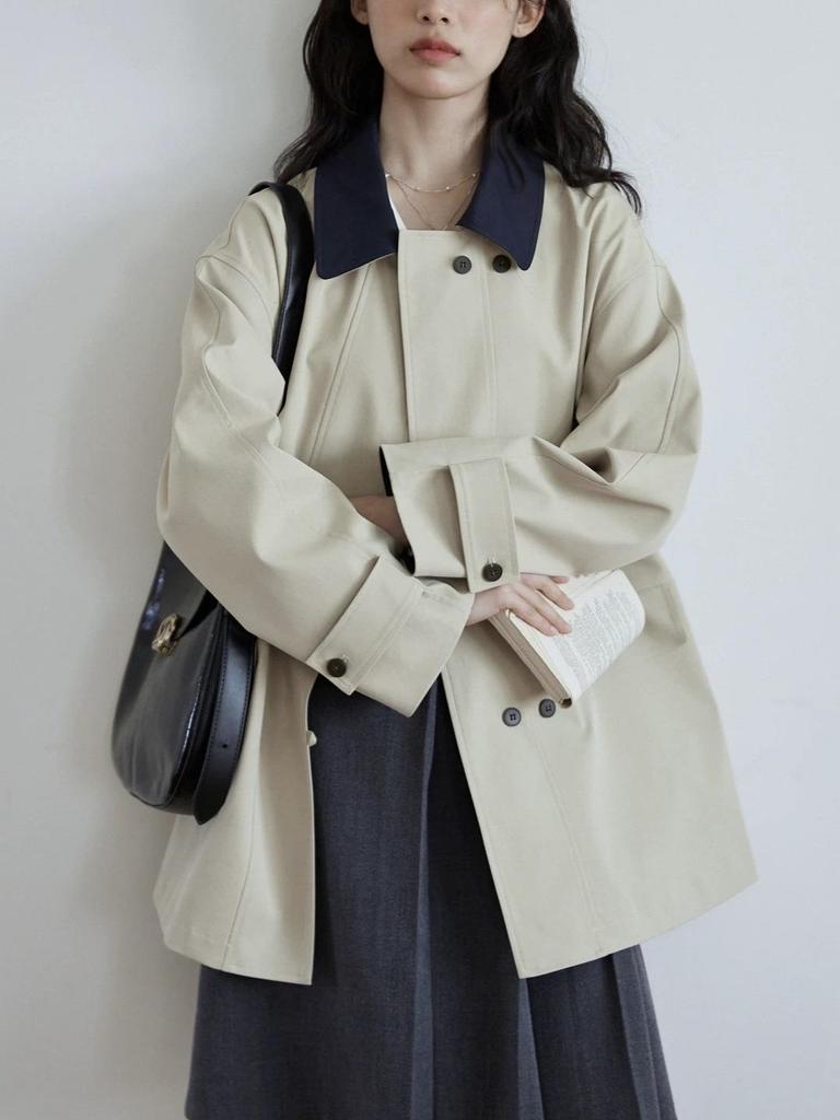 Women's Retro Color Block Lapel Double-Breasted Trench Coat - Petite Mid-Length Casual Outerwear for Spring and Autumn