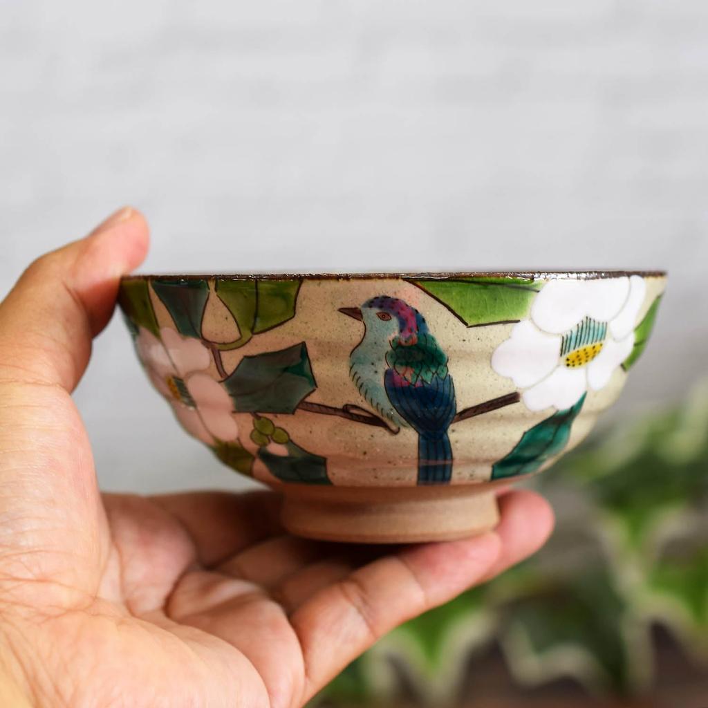 Waza No Kura Pair Rice Bowls Stylish Japanese Tableware Kutani Ware Rice Bowls with Camellia and Bird Design Ceramic Tableware Made In Japan Perfect