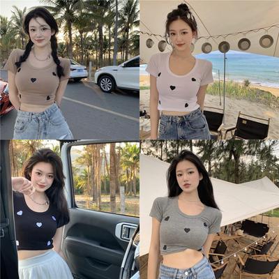 Knitted Threaded Love Embroidered Short-sleeved T-shirt for Women with Hot Girls High Waist Slim Summer New Style Short Top