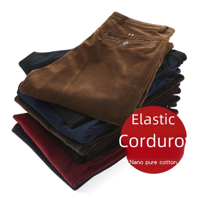 Men's Stretch Corduroy Pants - Middle-Aged, Casual, Loose Fit, Plus Velvet, Thickened for All Seasons
