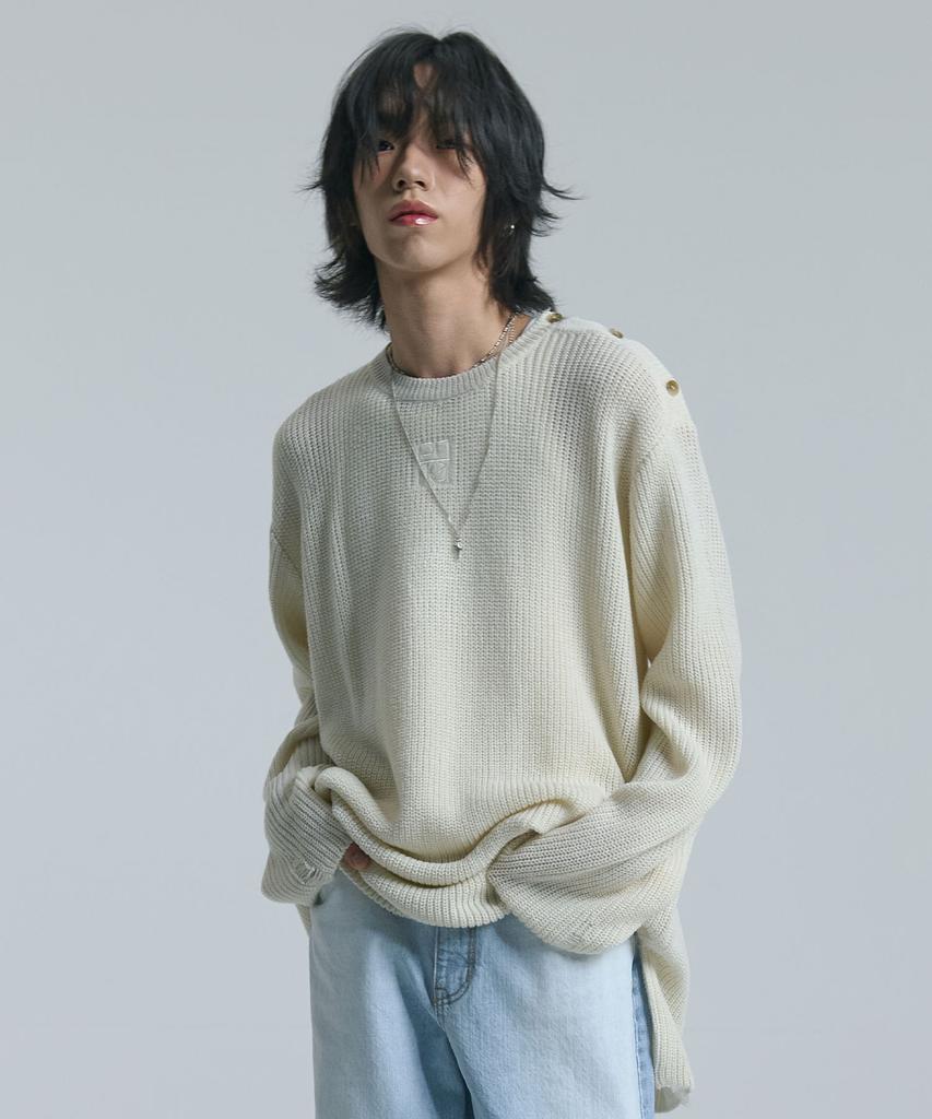 TEN PAST SEVEN Shoulder Button Slit Knit (2 Colors)