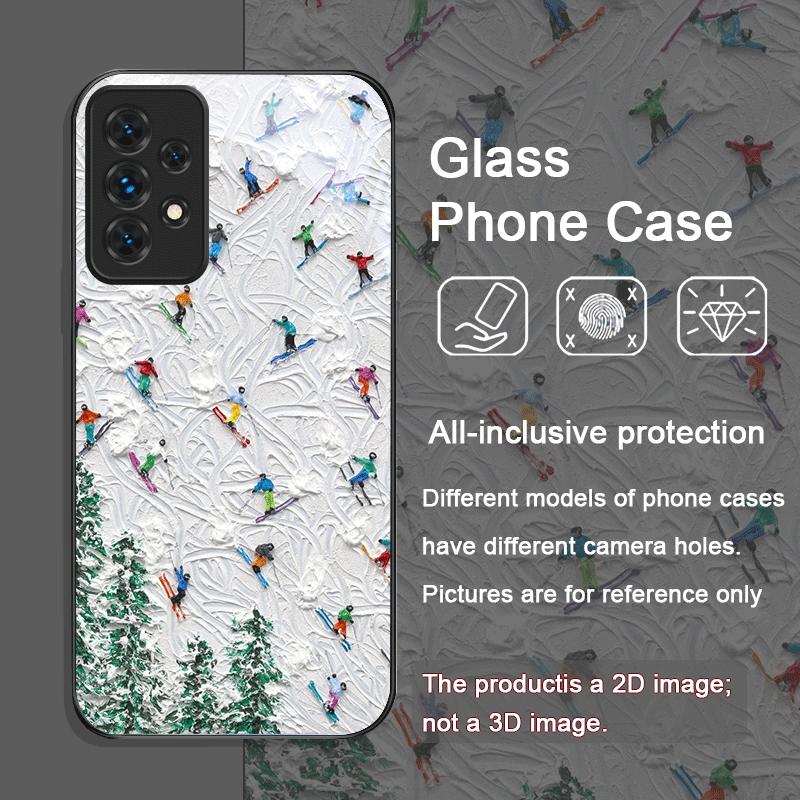 Oil Painting Art Snow Scenery Skiing Tempered Glass Phone Case for Samsung Galaxy A56 A72 A55 A54 A53 A52 A36 A15 A14 A13 Covers