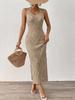 Damen Unifarben Ausgestanzt Gestrickt V-Ausschnitt Ärmellos Bodycon Midi Strandkleid