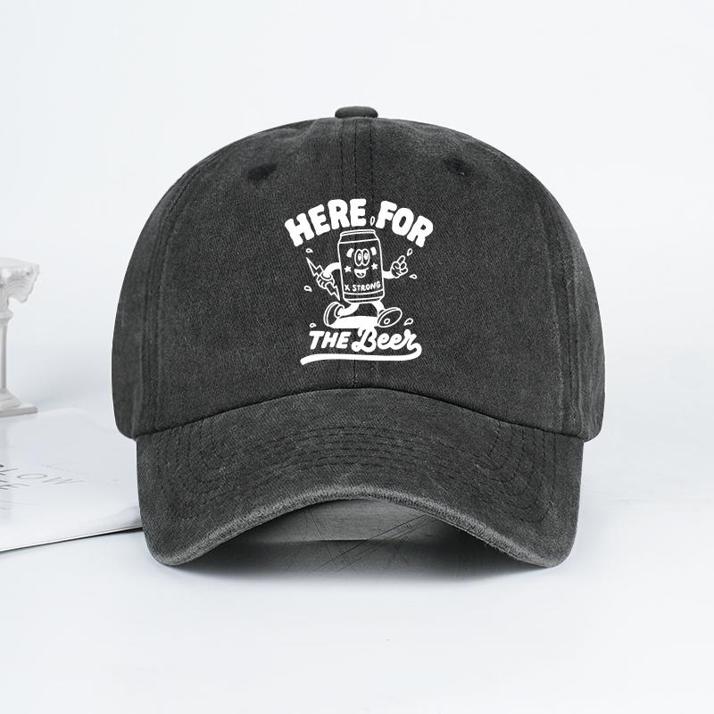 “Here For The Brew” Cartoon Can Print Washed Baseball Cap Soft, Comfortable, Lightweight, Breathable, Adjustable Fun, Casual, Hu