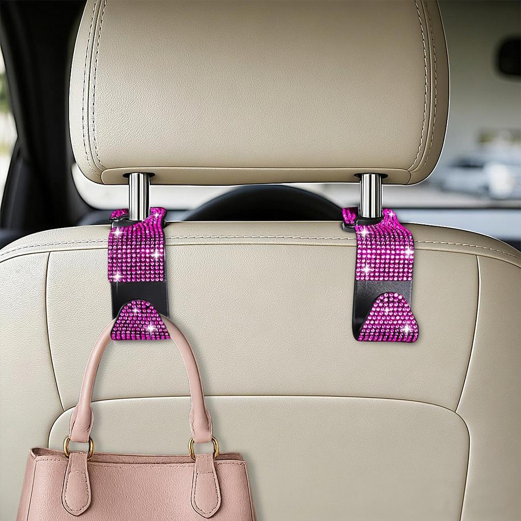 HZEL Bling Car Seat Headrest Hooks, 4PCS Crystal Rhinestone Vehicle Seat Back Hanger Holder for Purses Bag Handbags, Diamond Headrest Storage