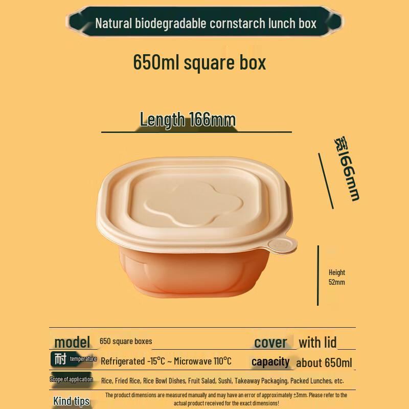 Biodegradable Corn Starch Square Food Container, 650ml