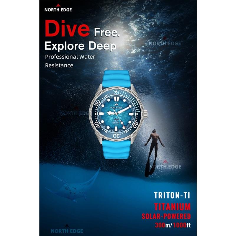 NORTH EDGE TRITON-TI Tytanowa Stal Nierdzewna Zasilany Słońcem Zegarek Nurkowy Luksusowe Zegarki Kwarcowe Dla Mężczyzn Wodoodporność 300M 180 Dni Zasilania