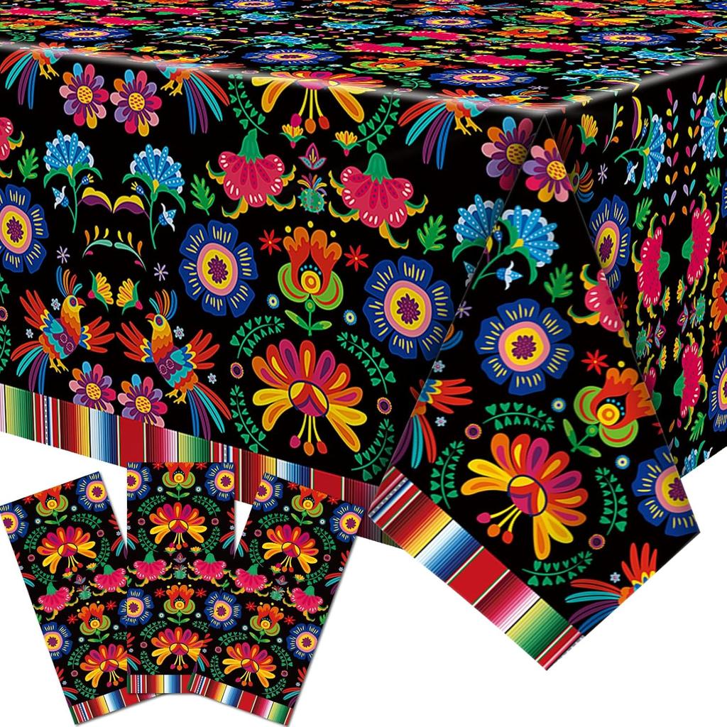 3 Pieces 54 x 108 Inches Mexican Fiesta Plastic Tablecloth, Disposable Rectangle Table Covers with Floral and Serape Stripe for Cinco de Mayo, Taco