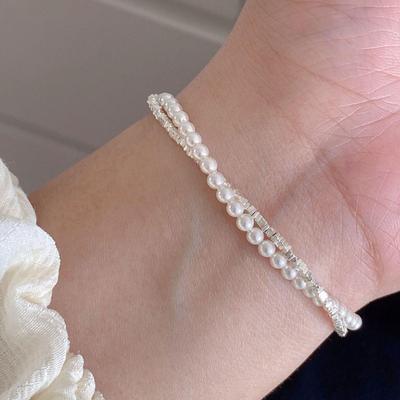 Bracciale Argento Perla Dolce a Doppio Strato Stile Coreano per Donne - Alla Moda, Versatile ed Elegante.