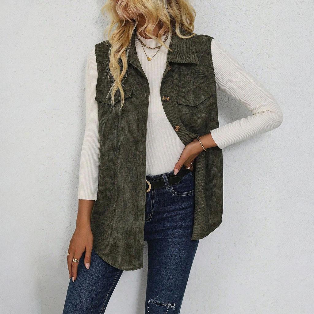Women's Fashionable Color Vest With A Collar And Cardigan, Casual Commuting Sleeveless Vest Jacket