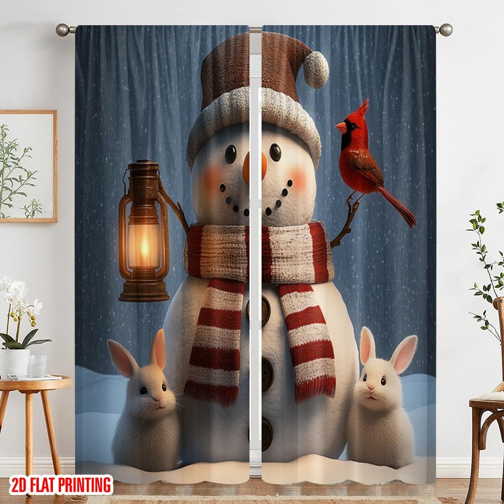2pcs,2D Plane Printing Curtain Fabric Cute Snowman Cardinal Bunnies (3) 100% Polyester (without Rod) Decorations For Home for