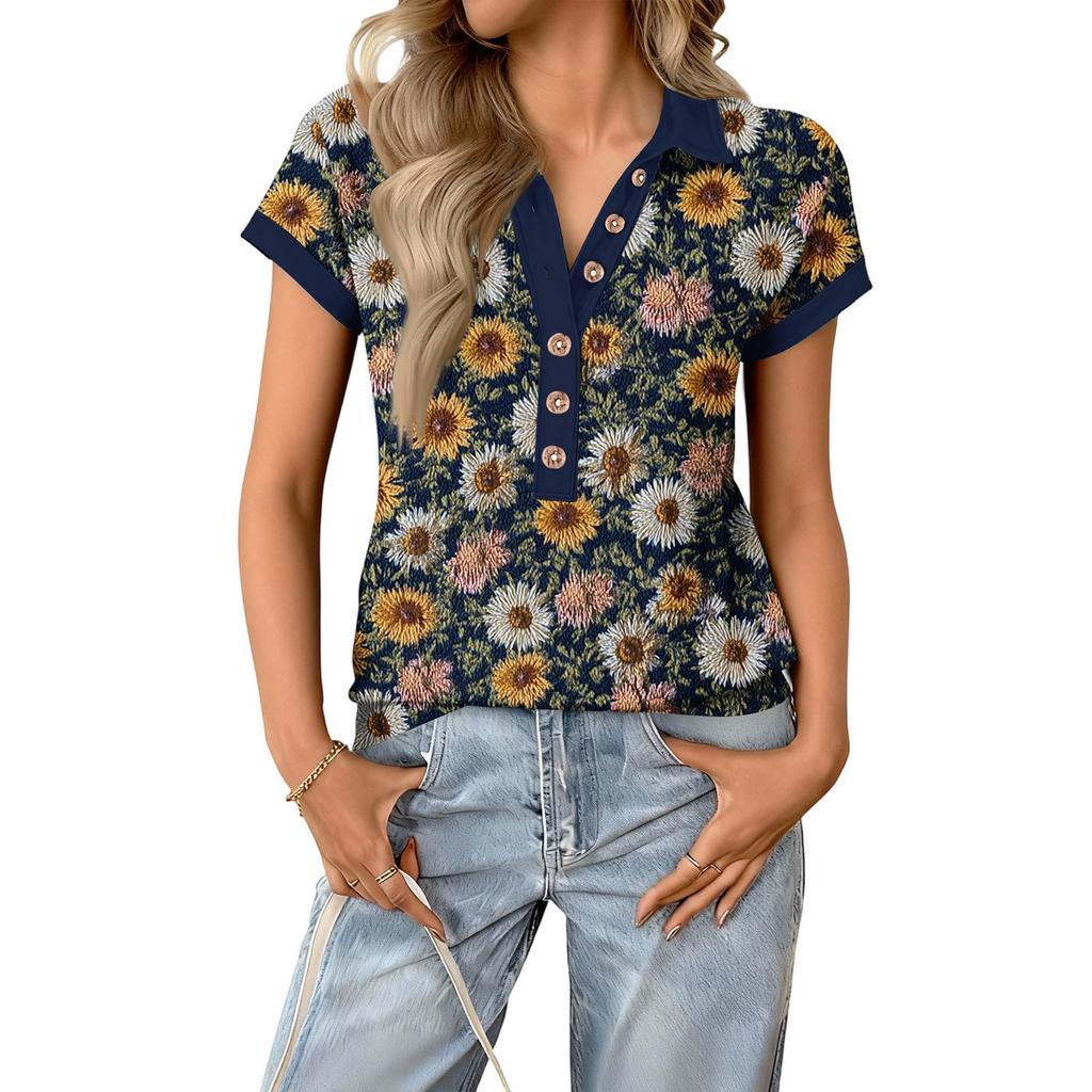 Women's Fashionable and Casual Summer V,neck Patchwork Short,sleeved Floral Print Top