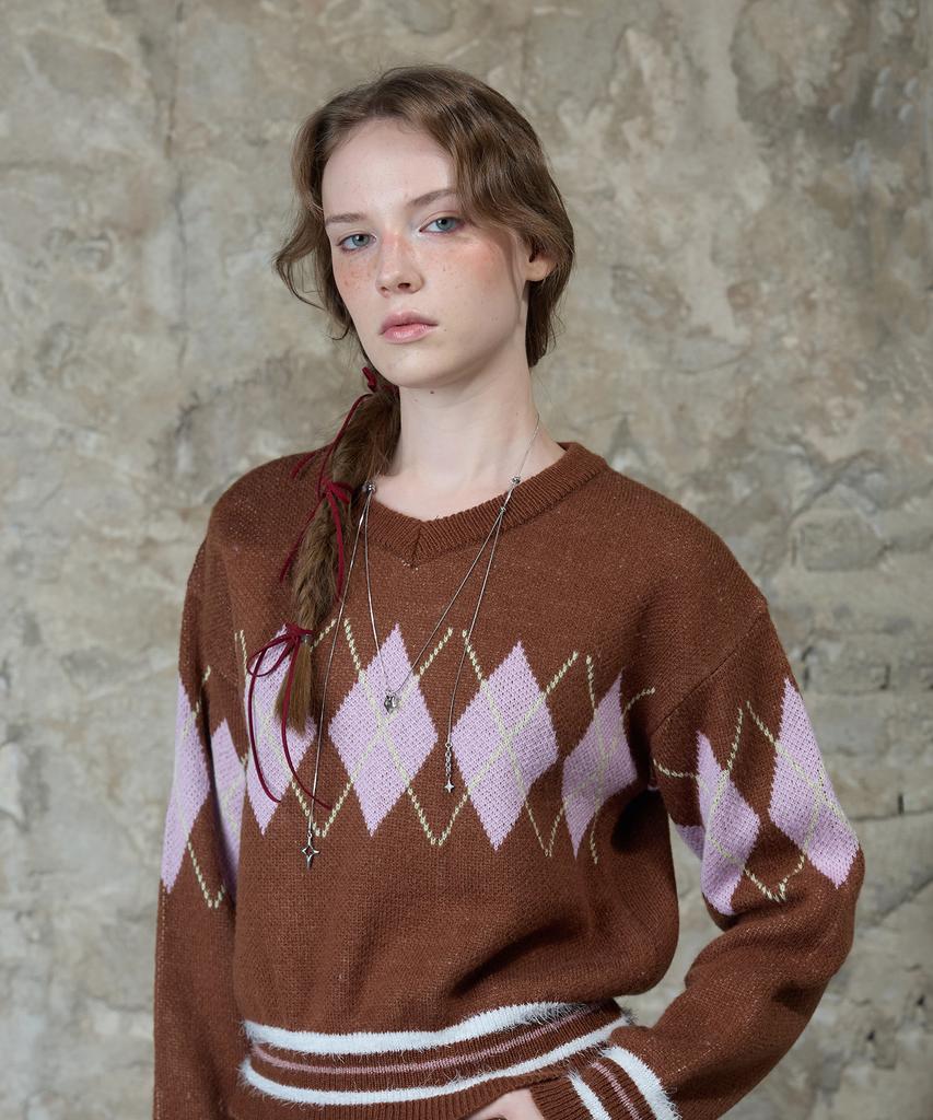 LARTIGENT L13 Argyle V-Neck Knit(Brown)