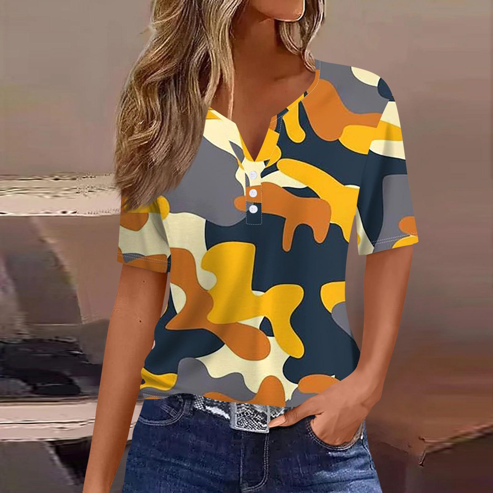 

Жен. Футболка Футболка С принтом Пуговицы С короткими рукавами Повседневные Выходные Мода Классический V-образный вырез Обычный Верх XL жёлтый