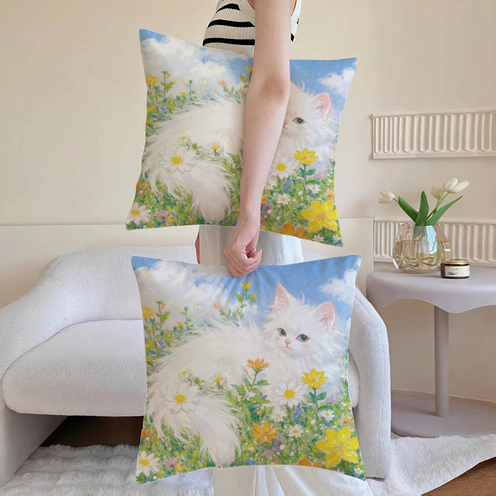 Painting Style KittenS Pillow Case Anti-dustmite Pillowcase Invisible Zipper Silky Sofa Cushion Cover