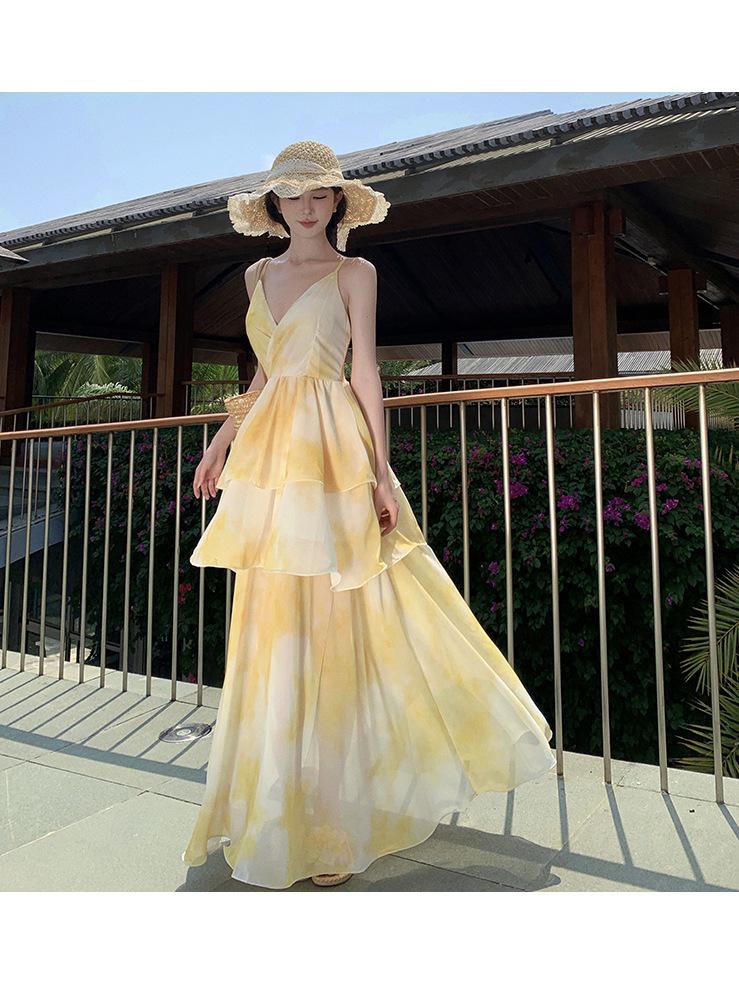 Sunset Fairy Long Slim Fit Spaghetti Strap Dress for Women - Summer Beach Vacation