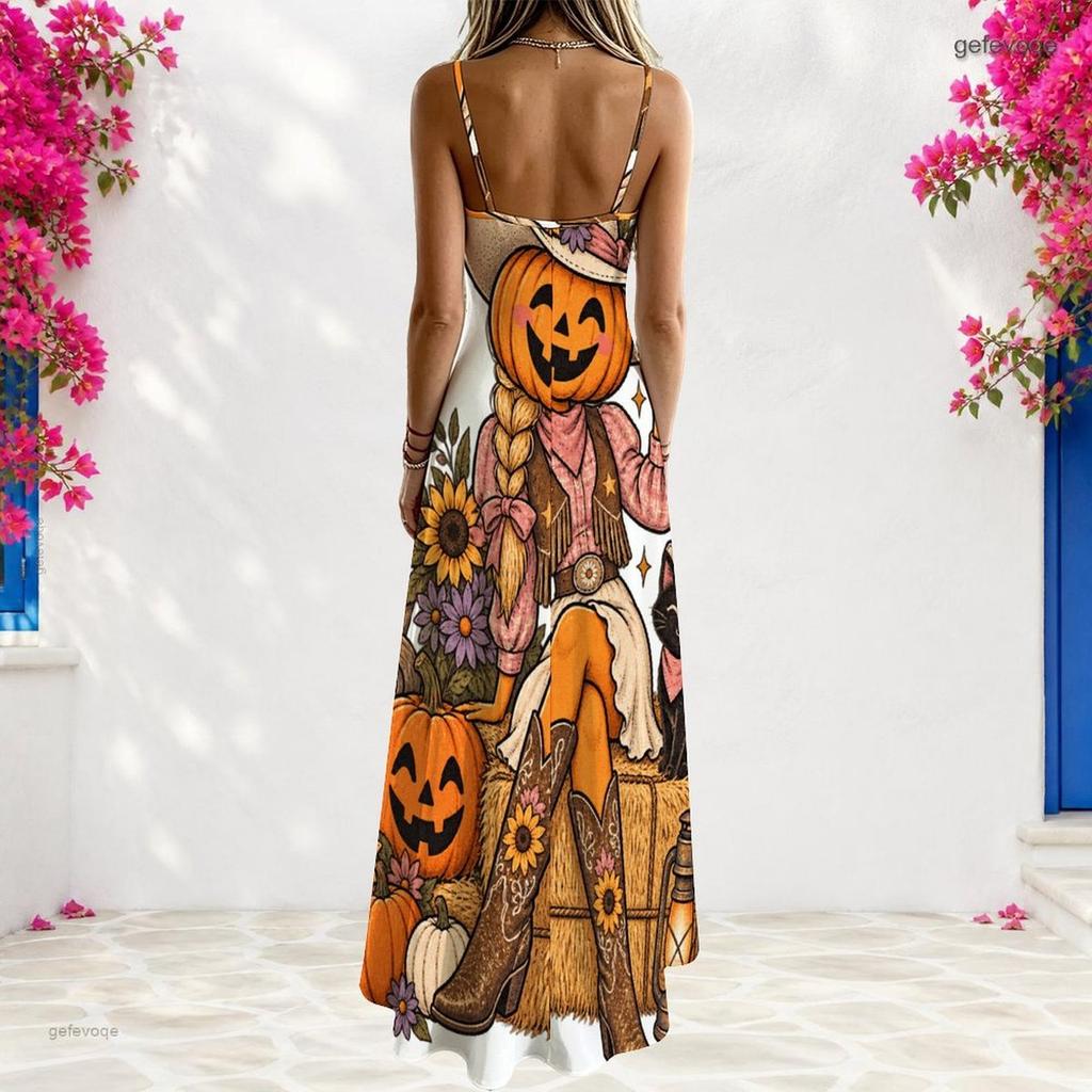 Women Plus Size V Neck Strappy Sleeveless A Line Long Halloween Pumpkin Printed Dress