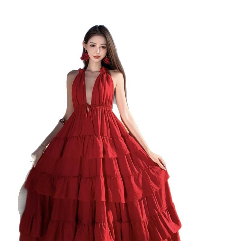 French Retro Red V-neck Neck Dress Loose Vacation Beach Dress Sexy Halter Cake Dress
