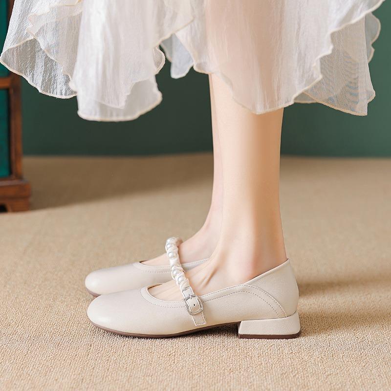 Mary Jane shoes for women round head French line with pearl pumps for women chunky heels